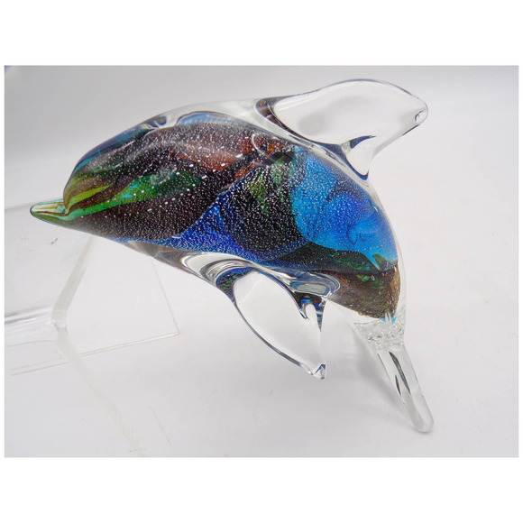 Murano Dolphin Figurine Crystal Glass Blown Paperweight Multicolor Ocean Tropic - Picture 2 of 9